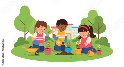 Modern flat vector illustration of kindergarten children planting flowers in school garden representing nature learning, teamwork and environmental education