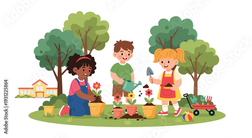 Modern flat vector illustration of kindergarten children planting flowers in school garden representing nature learning, teamwork and environmental education