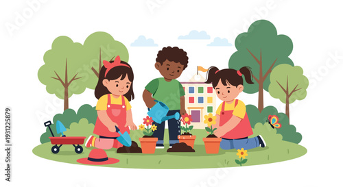 Modern flat vector illustration of kindergarten children planting flowers in school garden representing nature learning, teamwork and environmental education