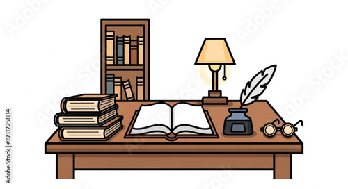 A vintage writing desk with an open book and quill pen.