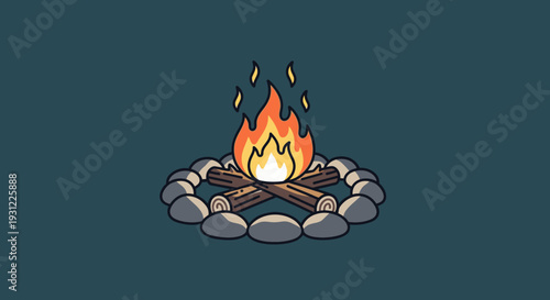 Campfire illustration warm flames with logs and stone circle on dark background