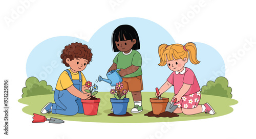 Modern flat vector illustration of kindergarten children planting flowers in school garden representing nature learning, teamwork and environmental education