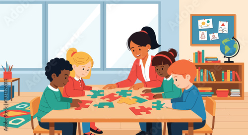 Modern flat vector illustration of teacher helping child solve puzzle at classroom table representing cognitive development, problem solving and early learning