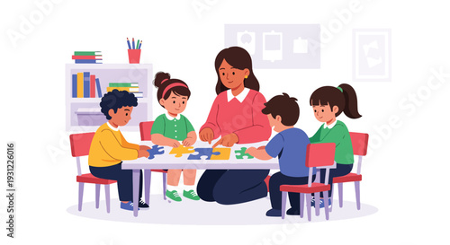 Modern flat vector illustration of teacher helping child solve puzzle at classroom table representing cognitive development, problem solving and early learning