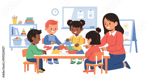 Modern flat vector illustration of teacher helping child solve puzzle at classroom table representing cognitive development, problem solving and early learning