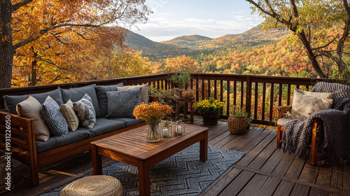 autumn landscape view from cozy patio deck of rustic cabin offering peaceful setting and serene nature getaway experience