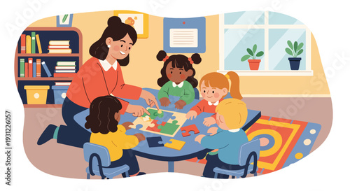 Modern flat vector illustration of teacher helping child solve puzzle at classroom table representing cognitive development, problem solving and early learning