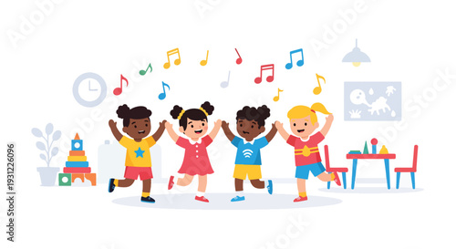 Modern flat vector illustration of kindergarten children dancing with teacher representing movement education, joyful activity and physical development
