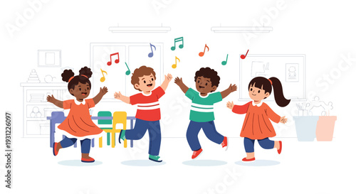 Modern flat vector illustration of kindergarten children dancing with teacher representing movement education, joyful activity and physical development