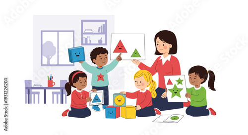 Modern flat vector illustration of children learning shapes with colorful blocks and charts representing early education and cognitive development concept