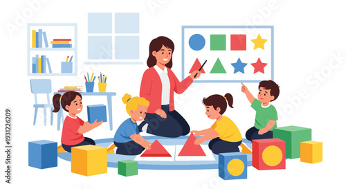 Modern flat vector illustration of children learning shapes with colorful blocks and charts representing early education and cognitive development concept