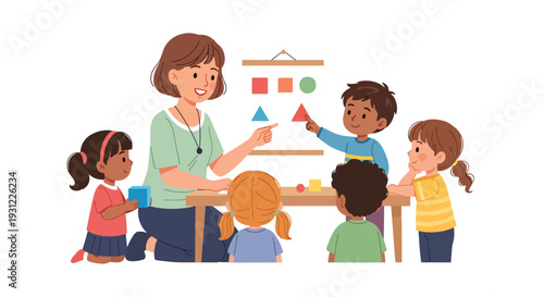 Modern flat vector illustration of children learning shapes with colorful blocks and charts representing early education and cognitive development concept