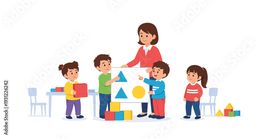 Modern flat vector illustration of children learning shapes with colorful blocks and charts representing early education and cognitive development concept