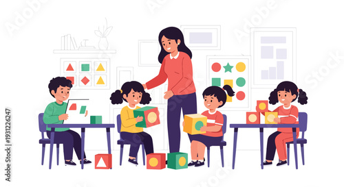 Modern flat vector illustration of children learning shapes with colorful blocks and charts representing early education and cognitive development concept