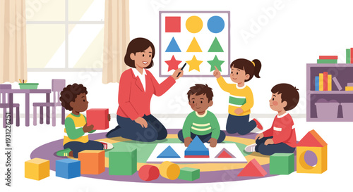 Modern flat vector illustration of children learning shapes with colorful blocks and charts representing early education and cognitive development concept