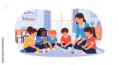 Modern flat vector illustration of children learning shapes with colorful blocks and charts representing early education and cognitive development concept