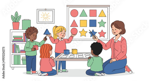 Modern flat vector illustration of children learning shapes with colorful blocks and charts representing early education and cognitive development concept