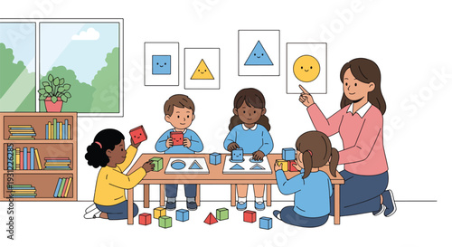 Modern flat vector illustration of children learning shapes with colorful blocks and charts representing early education and cognitive development concept