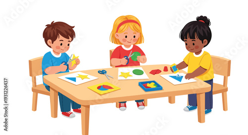 Modern flat vector illustration of kindergarten children cutting paper and gluing shapes representing creative craft activity and early skill development