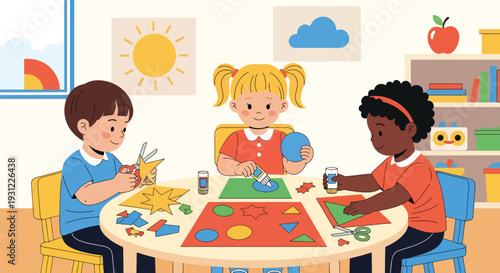 Modern flat vector illustration of kindergarten children cutting paper and gluing shapes representing creative craft activity and early skill development