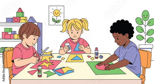 Modern flat vector illustration of kindergarten children cutting paper and gluing shapes representing creative craft activity and early skill development