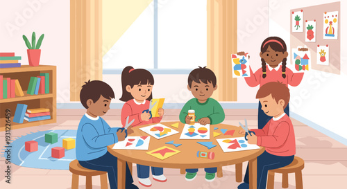 Modern flat vector illustration of kindergarten children cutting paper and gluing shapes representing creative craft activity and early skill development