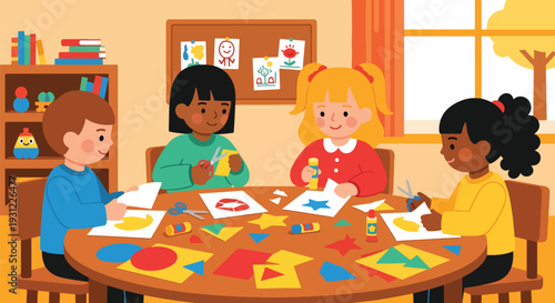 Modern flat vector illustration of kindergarten children cutting paper and gluing shapes representing creative craft activity and early skill development