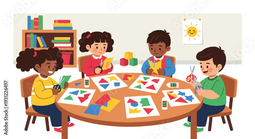 Modern flat vector illustration of kindergarten children cutting paper and gluing shapes representing creative craft activity and early skill development
