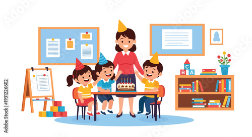 Modern flat vector illustration of kindergarten birthday celebration with cake and decorations representing joyful classroom moment and social development