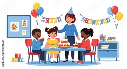 Modern flat vector illustration of kindergarten birthday celebration with cake and decorations representing joyful classroom moment and social development