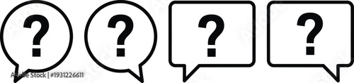 Four question mark speech bubbles in a row on a white background