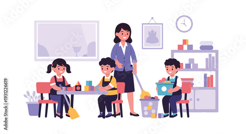 Modern flat vector illustration of children organizing toys and cleaning classroom representing responsibility, teamwork and positive learning environment