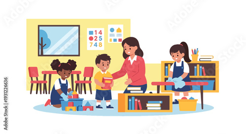 Modern flat vector illustration of children organizing toys and cleaning classroom representing responsibility, teamwork and positive learning environment