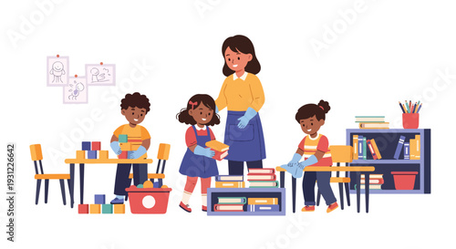 Modern flat vector illustration of children organizing toys and cleaning classroom representing responsibility, teamwork and positive learning environment