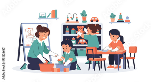 Modern flat vector illustration of children organizing toys and cleaning classroom representing responsibility, teamwork and positive learning environment