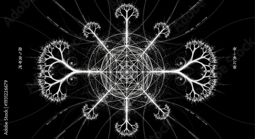 Obraz na plátně Abstract fractal tree pattern symmetrical glowing white on black background