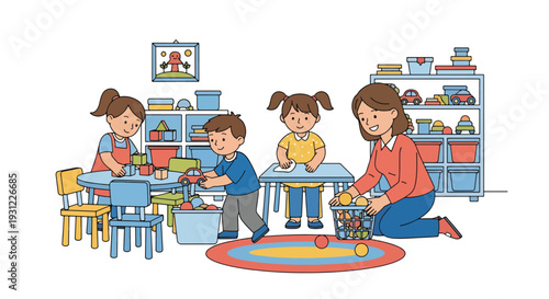 Modern flat vector illustration of children organizing toys and cleaning classroom representing responsibility, teamwork and positive learning environment