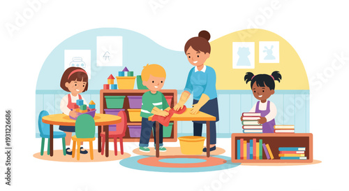 Modern flat vector illustration of children organizing toys and cleaning classroom representing responsibility, teamwork and positive learning environment