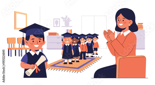 Modern flat vector illustration of kindergarten graduation ceremony with children wearing caps celebrating milestone and educational achievement