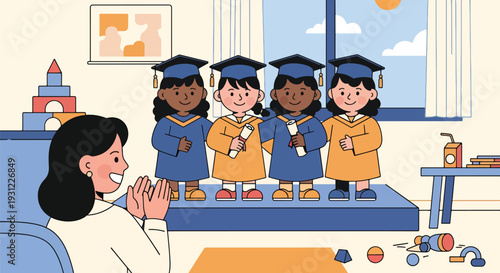 Modern flat vector illustration of kindergarten graduation ceremony with children wearing caps celebrating milestone and educational achievement