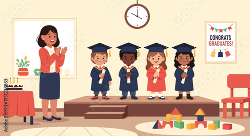 Modern flat vector illustration of kindergarten graduation ceremony with children wearing caps celebrating milestone and educational achievement