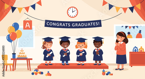Modern flat vector illustration of kindergarten graduation ceremony with children wearing caps celebrating milestone and educational achievement