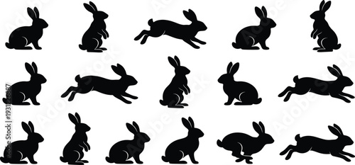 Rabbit silhouettes set with running, sitting and jumping poses, cute woodland animal collection isolated for wildlife, farm, easter and nature design