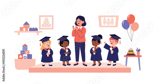 Modern flat vector illustration of kindergarten graduation ceremony with children wearing caps celebrating milestone and educational achievement