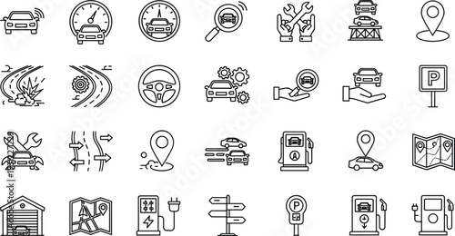 Car service and navigation line icon set with repair, fuel station, parking and transport symbols