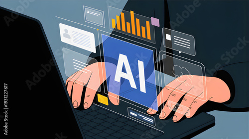 Artificial Intelligence concept with AI logo on laptop screen with hands typing and data visualization graphs and charts, representing technology and data analysis