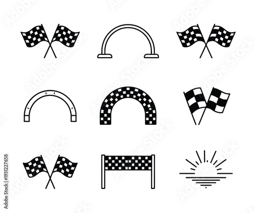 Black and White Racing Flags and Finish Line Icons, professional vector pack showing checkered motorsport flags, race track finish symbols, competition and speed graphics, bold monochrome silhouettes,