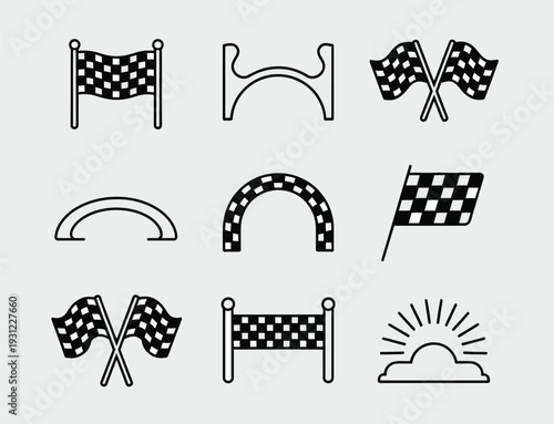 Black and White Racing Flags and Finish Line Icons, vector illustration set featuring checkered flag symbols, motorsports design elements, race competition graphics, speed and victory icons, isolated 