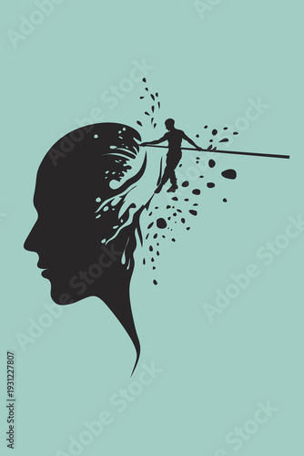 Tightrope Walker Balancing in Head Silhouette: Mind Balance, Trauma Freedom, Growth Progress