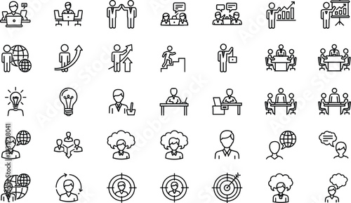 Business leadership and teamwork line icon set with presentation, strategy, meeting and global communication symbols